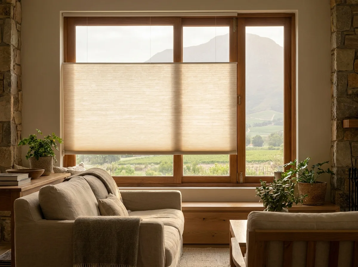 Light-filtering honeycomb cellular blind lowered halfway in a family living-room window in a Dalsig home near the Eerste River, Stellenbosch