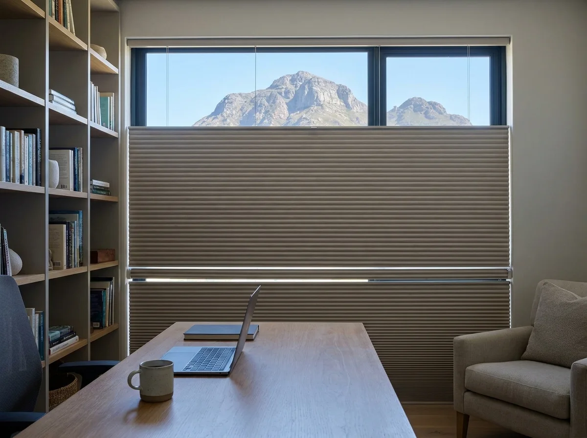 Double-cell honeycomb blind top-down bottom-up in a home study window in Paradyskloof, mountain peak visible through the open top section