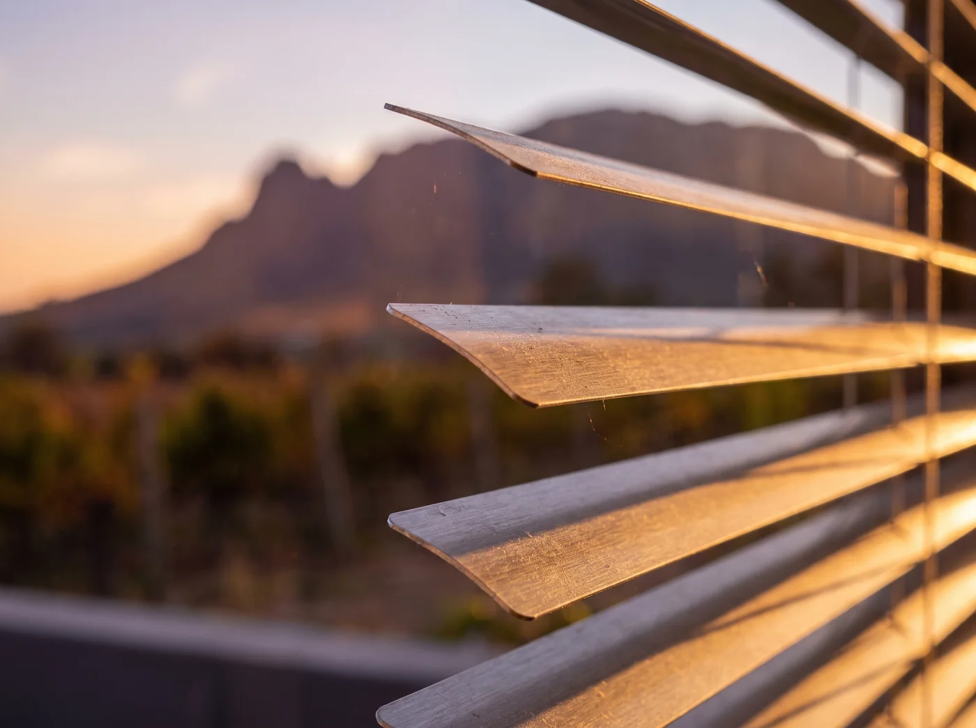 Close-up detail of tiltable aluminium external venetian blind slats with Stellenbosch Mountain in soft focus behind