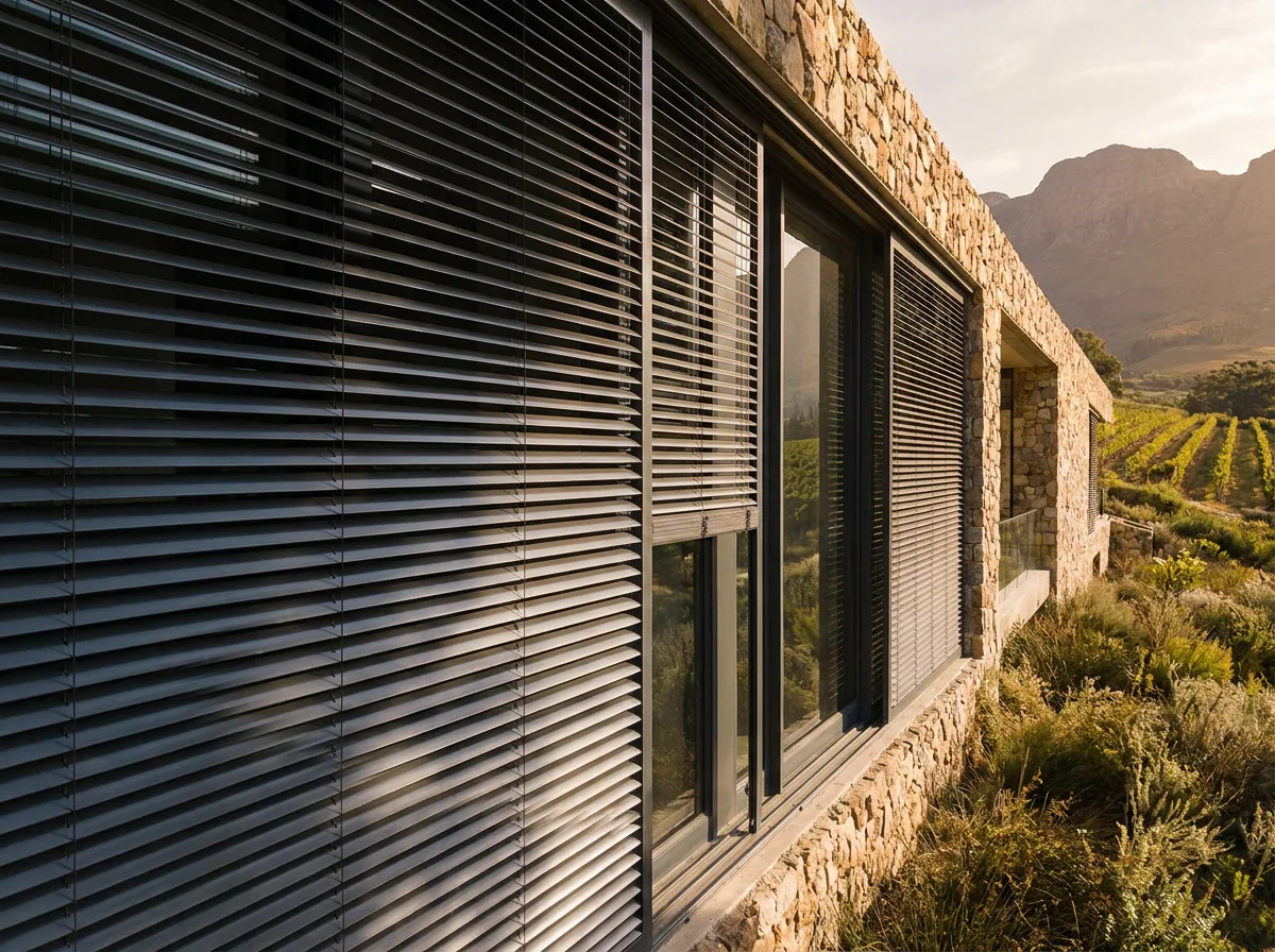 Motorised external aluminium venetian blinds partially closed against afternoon glare on a Paradyskloof mountainside home facade