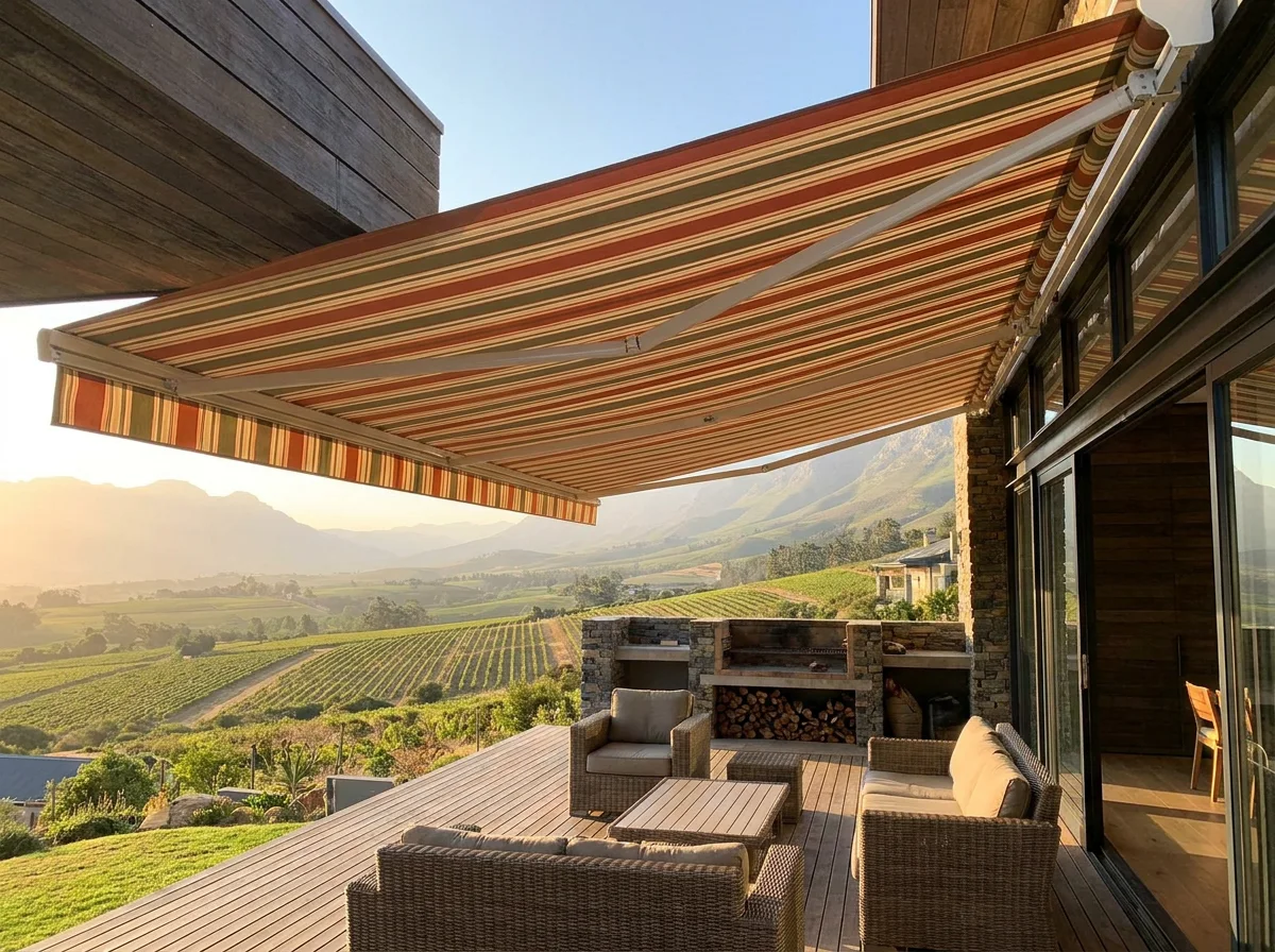 Retractable folding-arm awning shading a braai deck on a Paradyskloof mountainside home overlooking the valley
