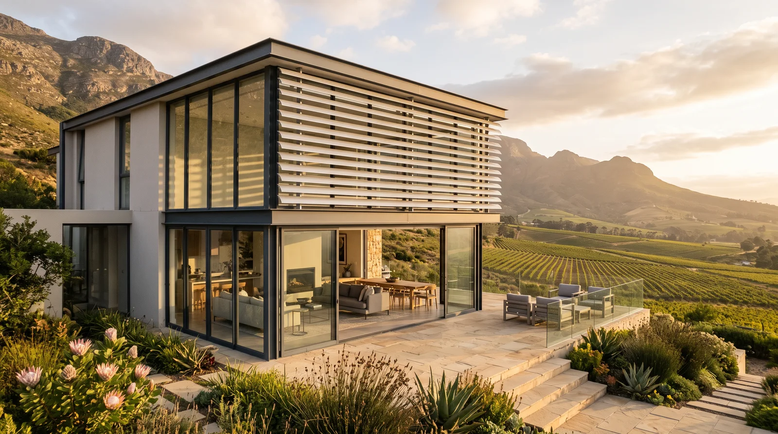 A double-volume glass-walled home on the lower slopes of Stellenbosch Mountain in Paradyskloof, shaded by a motorised external aluminium venetian blind at golden hour, vineyards below