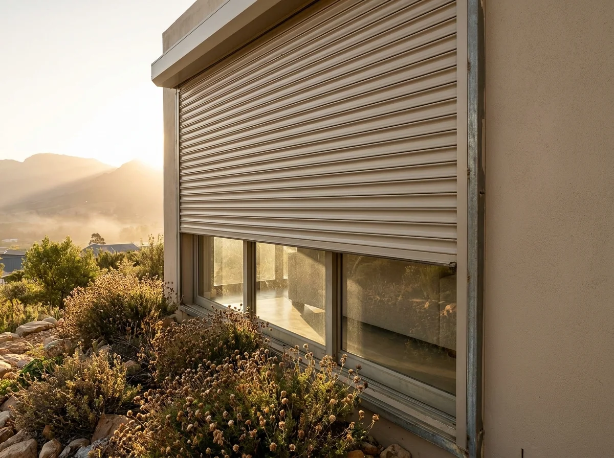 External roller shutter with rigid aluminium slats lowered halfway over a window on a Paradyskloof mountainside home