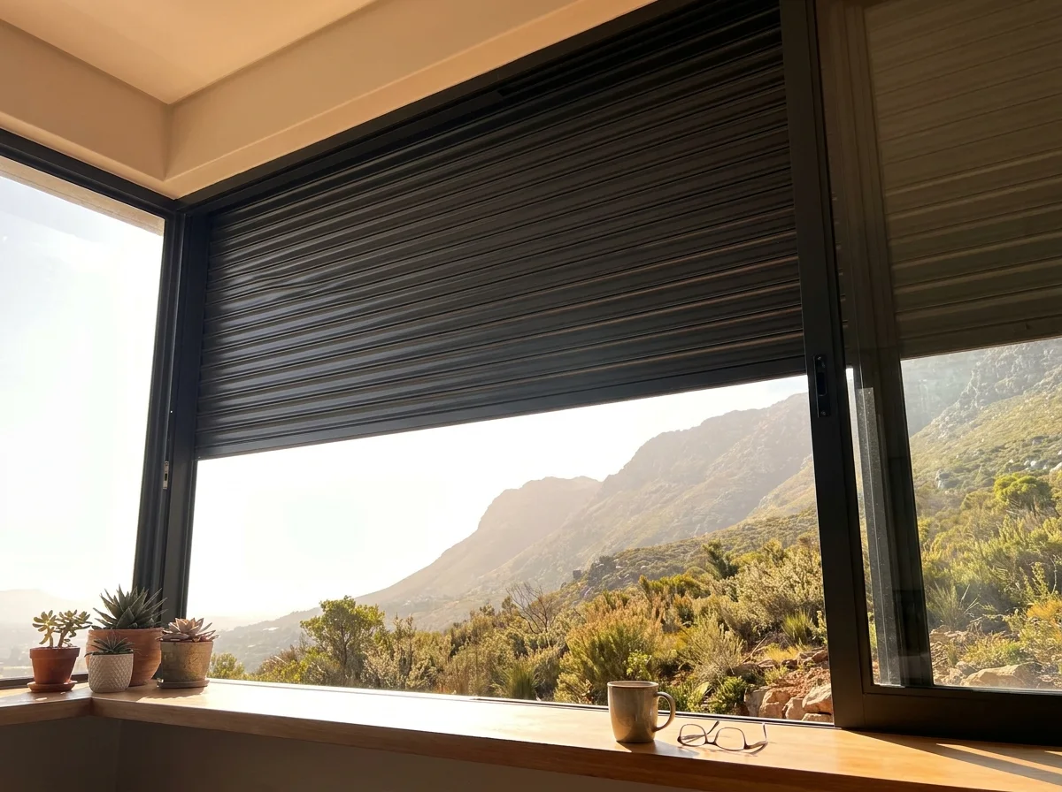 Rigid aluminium roller shutter lowered two-thirds down on the outside of a window in a Paradyskloof mountainside home, for sun and glare control