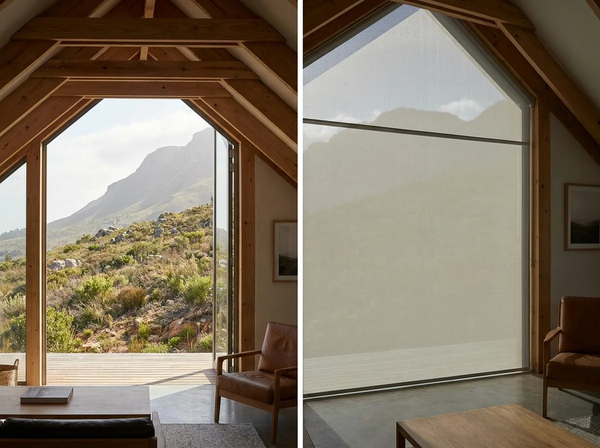 Tensioned skylight blind fitted to a raked gable window in a Paradyskloof mountainside home loft