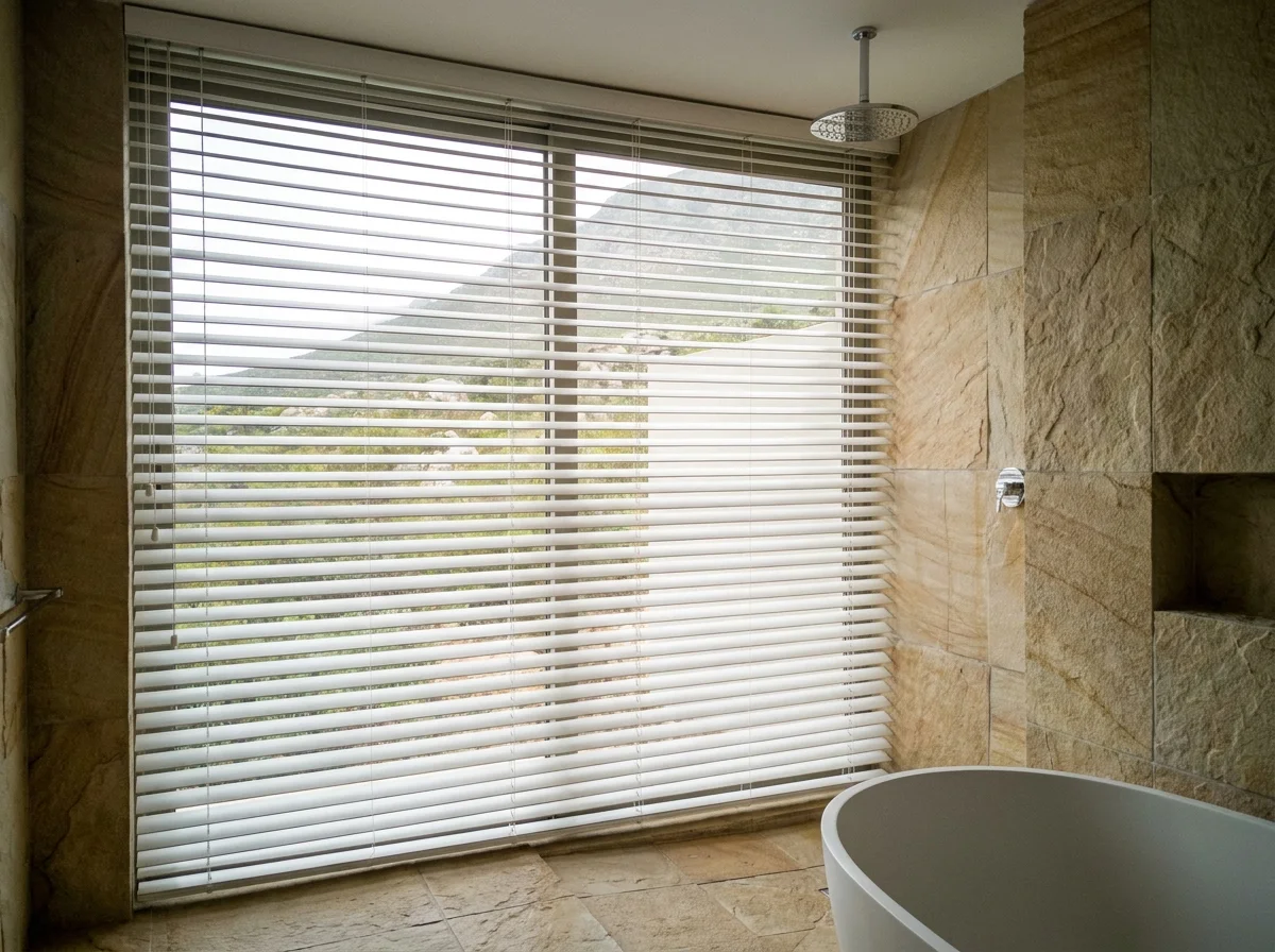 Aluminium venetian blind with tilted slats over a bathroom window in a Paradyskloof mountainside home