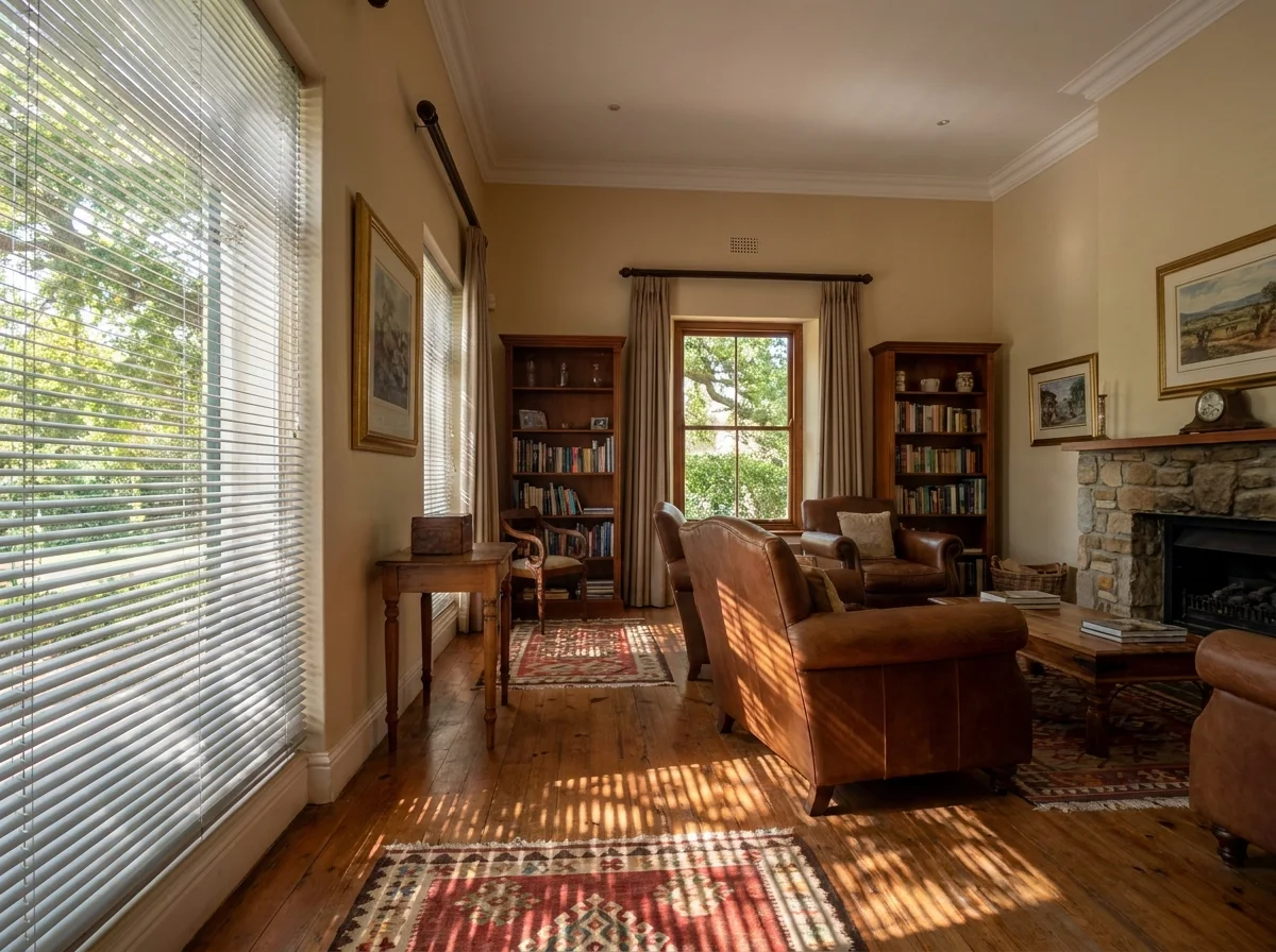 Aluminium venetian blind tilted for filtered light in a lounge window shaded by mature oak trees in a Die Boord home near Stellenbosch
