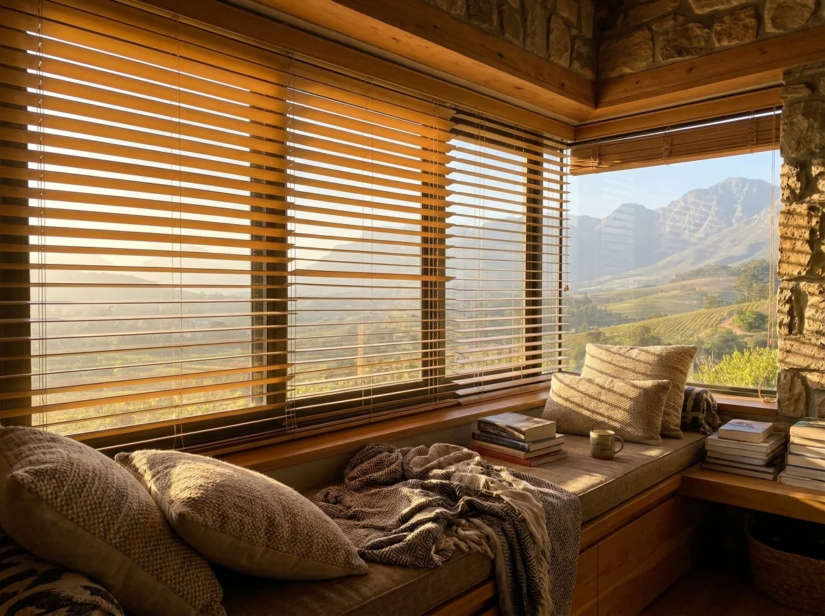 Timber venetian blind slats tilted open in a window seat reading nook in a Paradyskloof mountainside home
