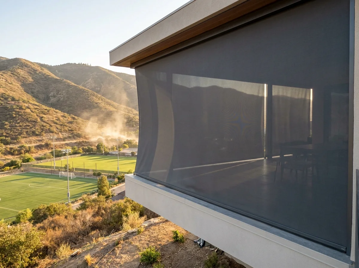 Zip-track outdoor screen enclosing a terrace on a home overlooking the Coetzenburg sports grounds and the base of the mountain near Stellenbosch