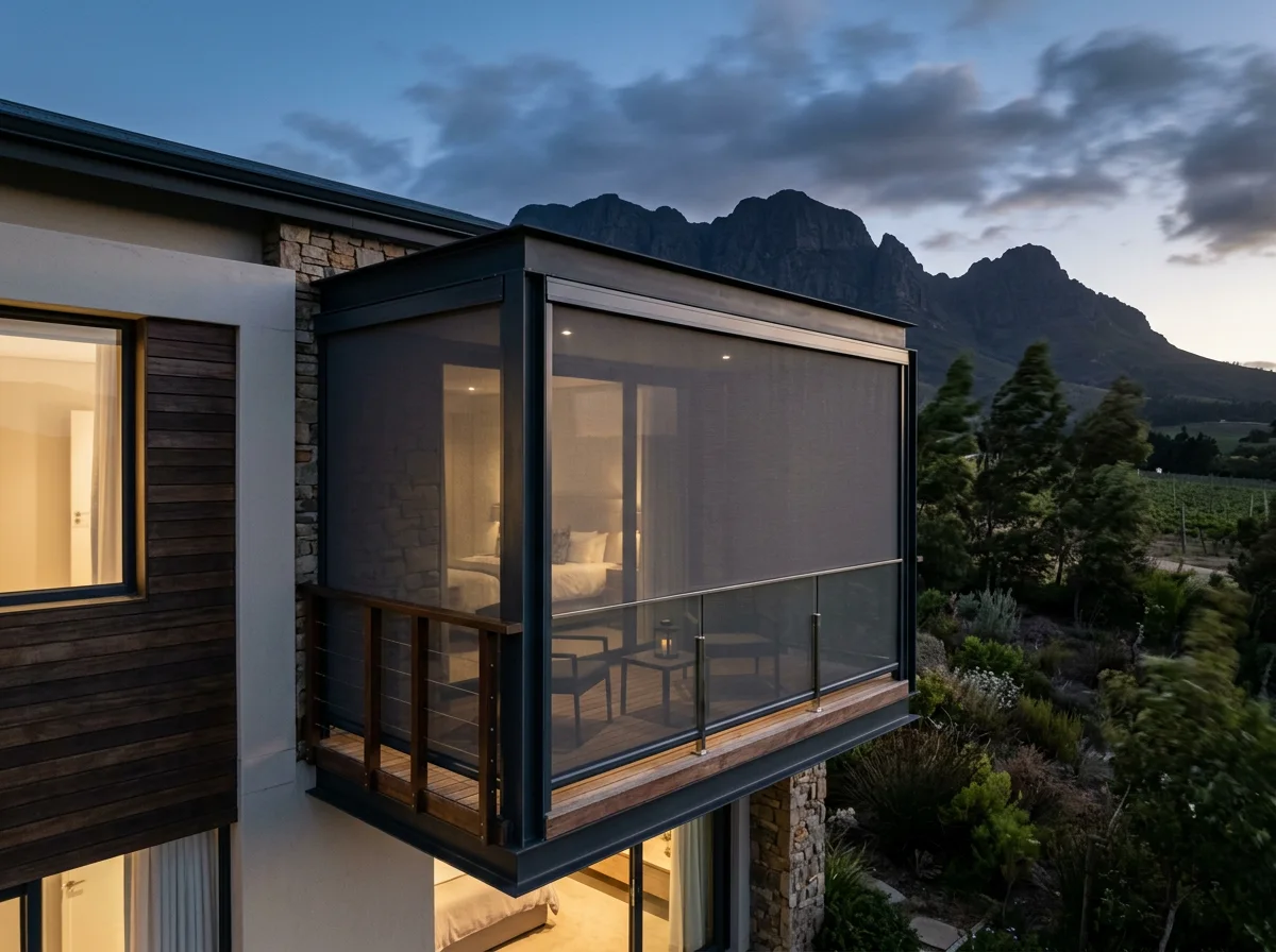 Zip-track outdoor screen fully lowered in its aluminium channels enclosing an upper-floor balcony against evening wind in Paradyskloof, mountain ridge beyond